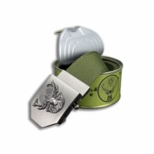 Opasok poľovnícky textilný SVÄTÝ HUBERT v darčekovom balení – olivový